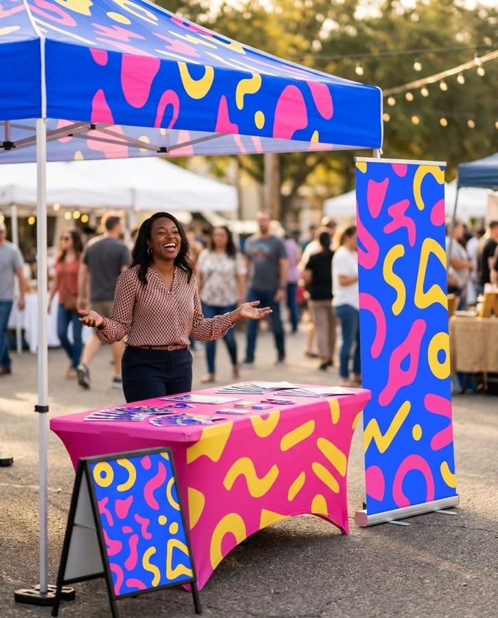Vendor booth with fully matching branded tent, table throw, pop-up banner, and signage